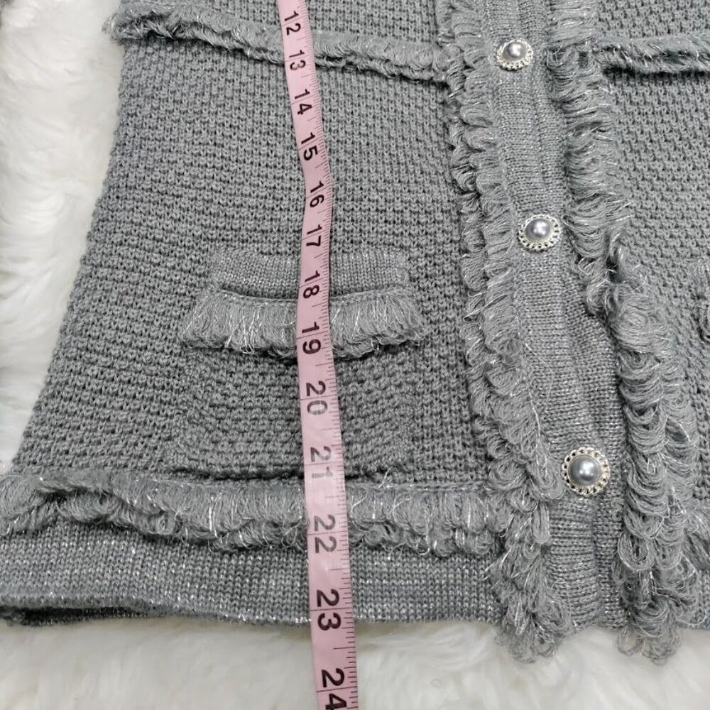 INC International Concepts Gray Silver Speckles Fringe Trim Knit Cardigan XL - Picture 11 of 12